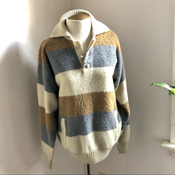 Vintage Neutral Terry Cloth Knit Striped Sweater - Picture 3 of 10